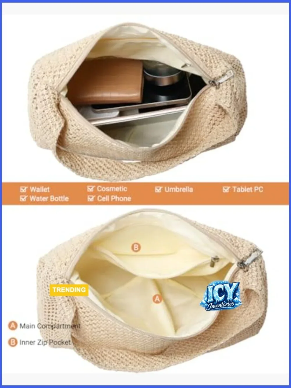 Handwoven Straw Hobo Shoulder Purse with Zipper Closure